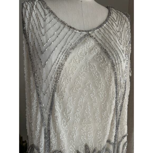 RARE Art Deco Silver Bridal Tunic Egyptian Motif Beaded Sheer Mesh Vintage 1920s - Picture 3 of 10